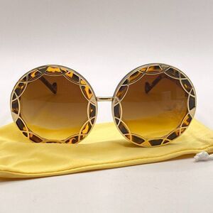 Round Oversized Gold Filigree and Tortoise Sunglasses Brown Lenses New